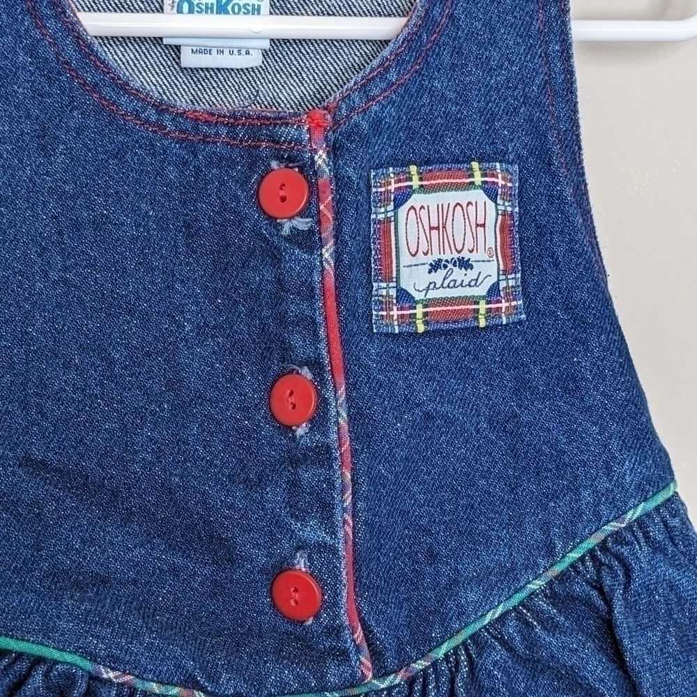 Vintage Oshkosh Plaid Denim Ruffle Full Skirt Jumper Overalls 2T